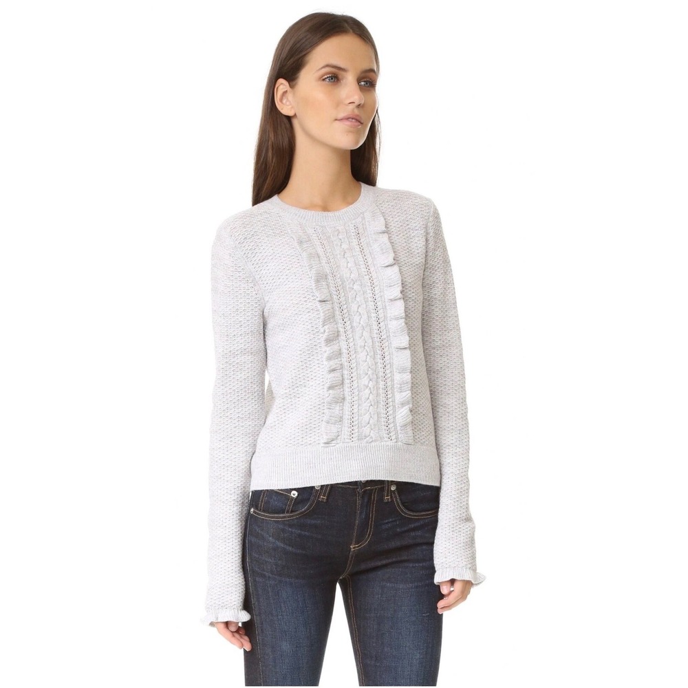 Club Monaco Lovelle Sweater Small Grey Merino Wool Ruffle Cable Knit Pullover - Picture 2 of 10
